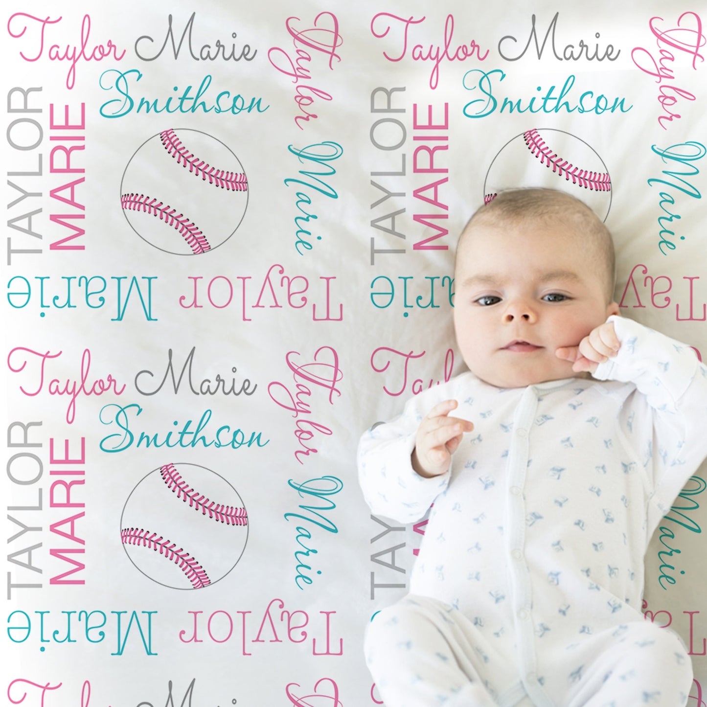 Personalized Baseball Softball Baby Name Blanket Girl