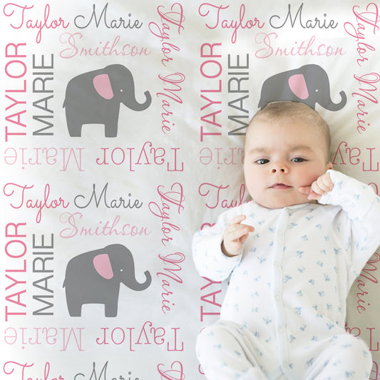 Personalized Elephant Baby Name Blanket Girl