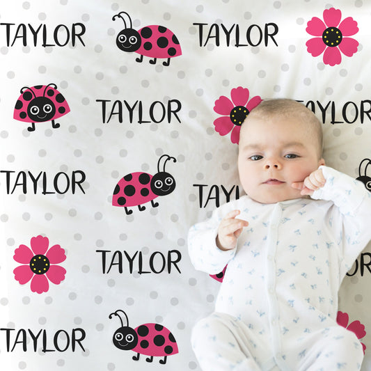 Personalized LadyBug and Flowers Baby Name Blanket Girl