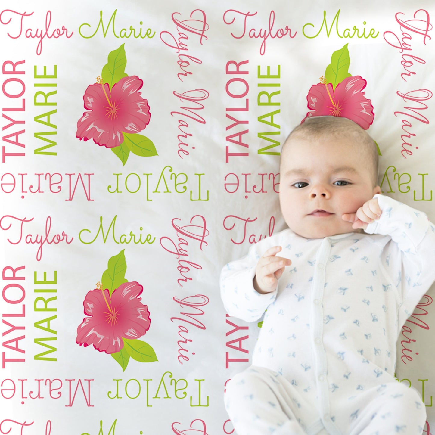 Personalized Hawaiian Hibiscus Flower Baby Name Blanket Girl