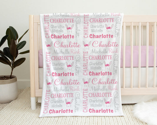 Personalized Bunny Rabbit Flowers Baby Name Blanket Girl