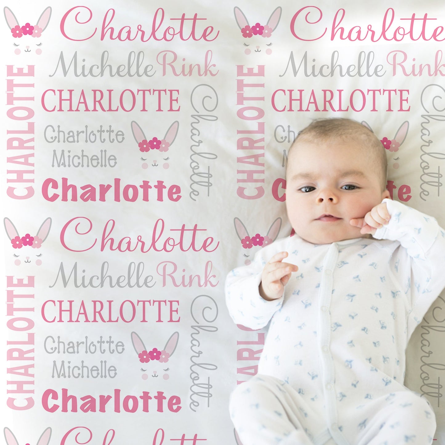 Personalized Bunny Rabbit Flowers Baby Name Blanket Girl
