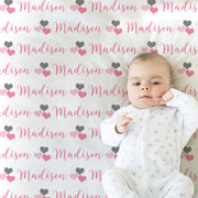 Baby blanket with hearts, personalized hearts newborn blanket, pink and gray baby girl swaddle, heart theme baby gift, (CHOOSE COLORS)