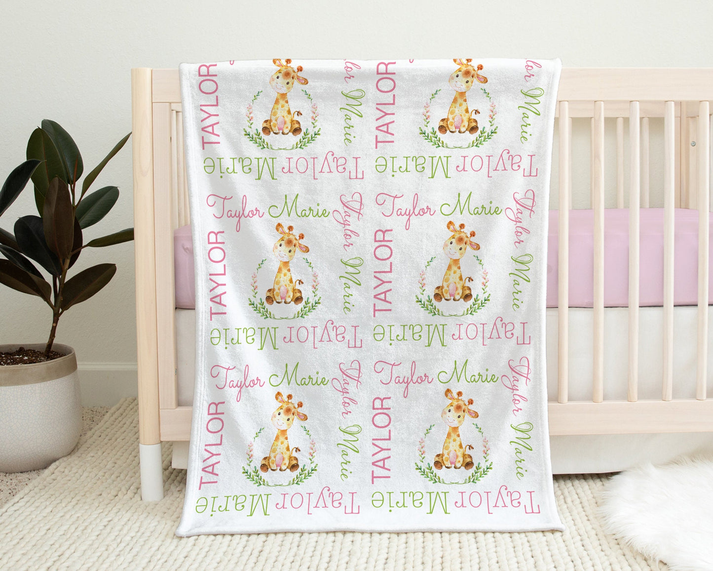 Personalized Giraffe Baby Name Blanket Girl
