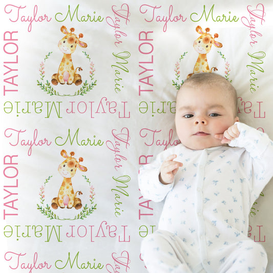 Personalized Giraffe Baby Name Blanket Girl