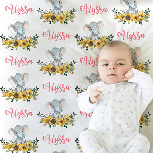 Personalized Elephant Flowers Baby Name Blanket Girl