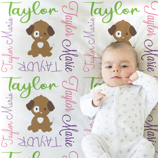 Personalized Puppy Dog Baby Name Blanket Girl