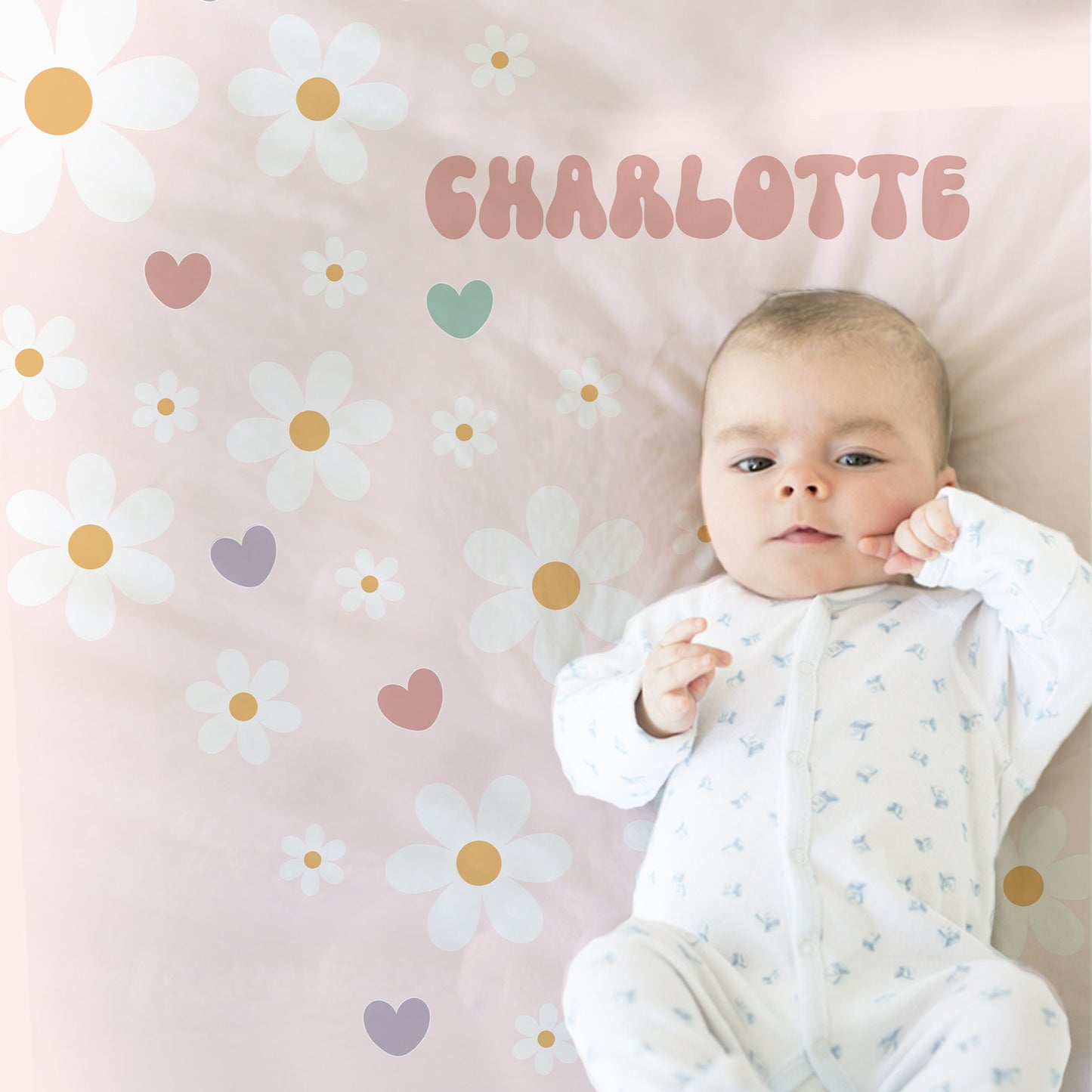 Personalized groovy baby girl blanket, newborn 70's floral and hearts blanket with name, retro daisy swaddle, groovy retro baby gift