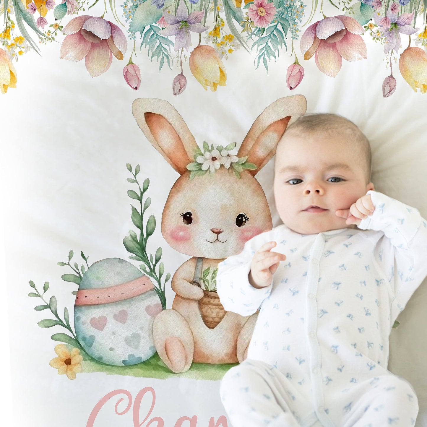 Personalized Easter Rabbit Baby Name Blanket Girl