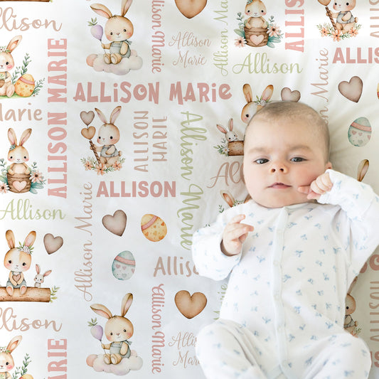 Personalized Easter Bunny Baby Name Blanket Girl