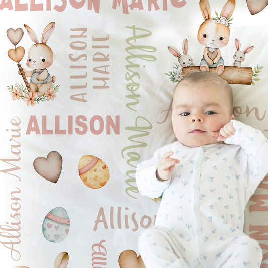 Personalized Easter Bunny Rabbit Baby Name Blanket Girl