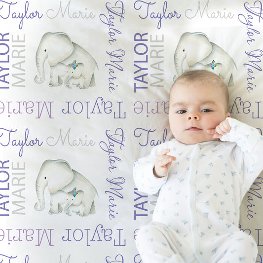 Personalized Elephant Baby Name Blanket Girl Purple