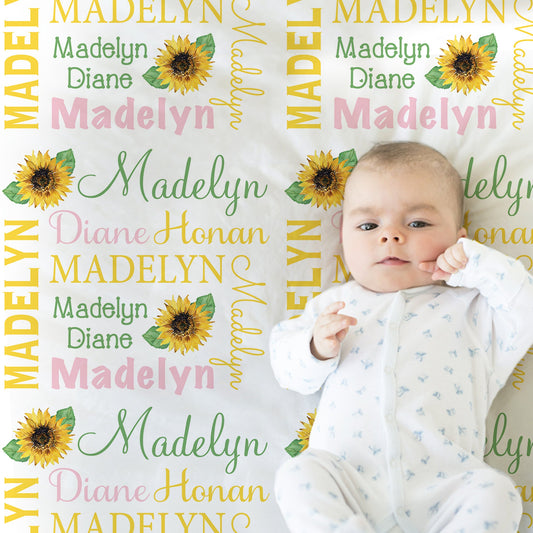 Personalized Sunflowers Baby Name Blanket Girl