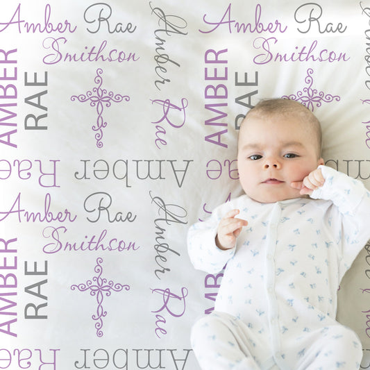Personalized Baptism Baby Name Blanket Girl Crosses
