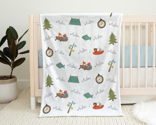 Personalized Camping Baby Name Blanket Boy