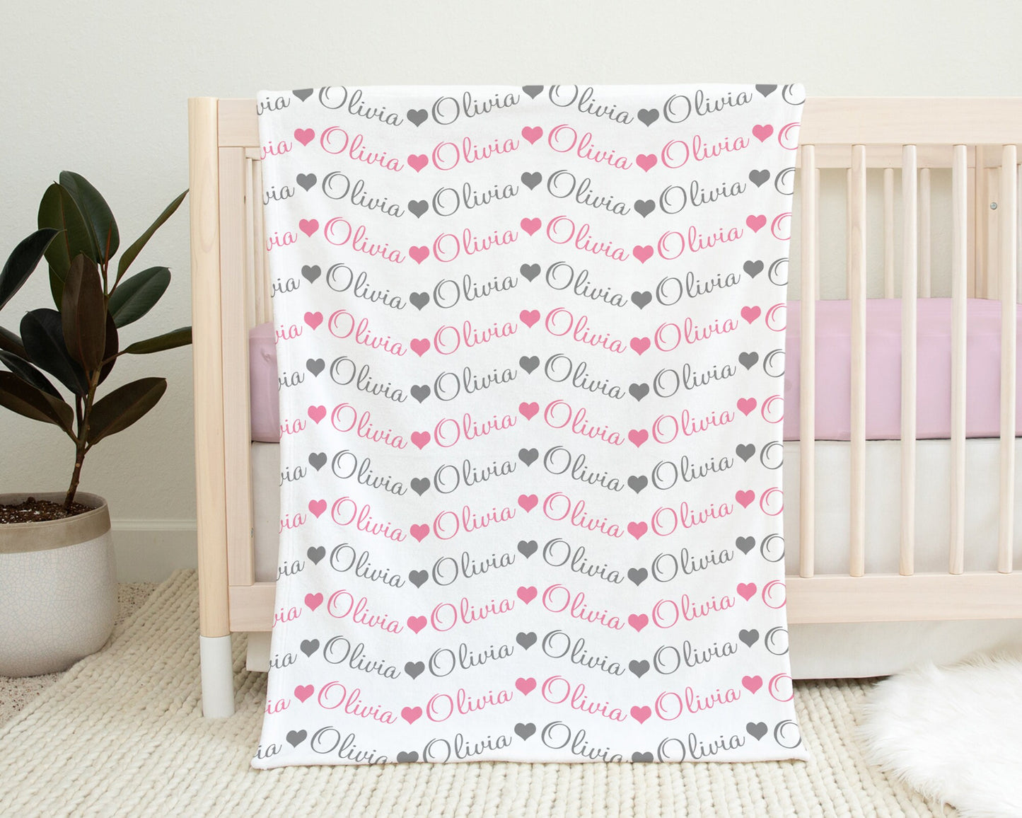 Personalized Hearts ChevronBaby Name Blanket Girl
