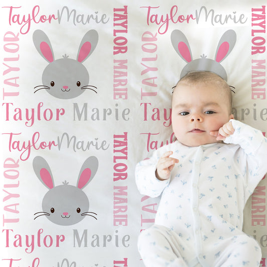 Personalized Bunny Rabbit Baby Name Blanket Girl