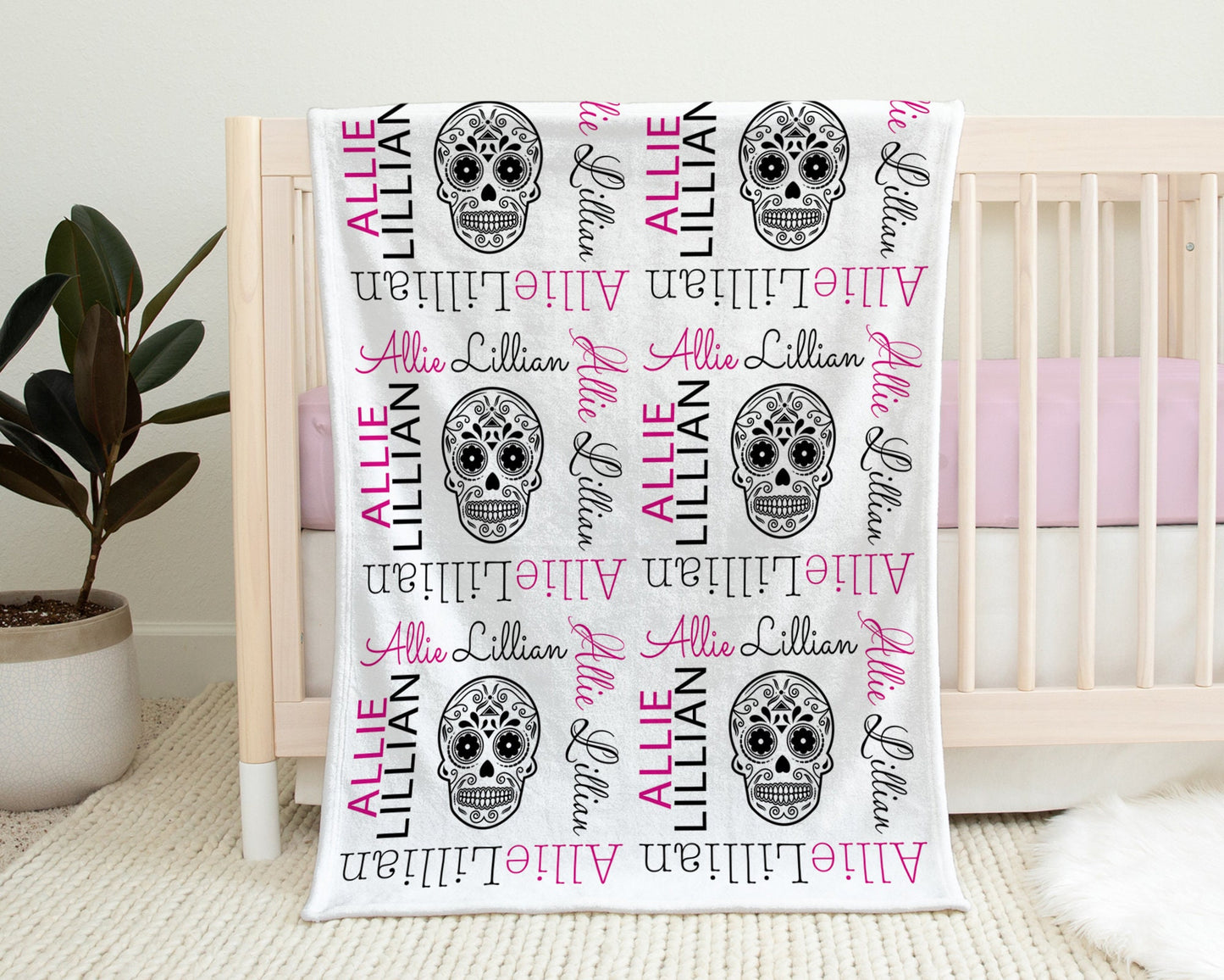 Personalized Sugar Skull Baby Name Blanket Girl