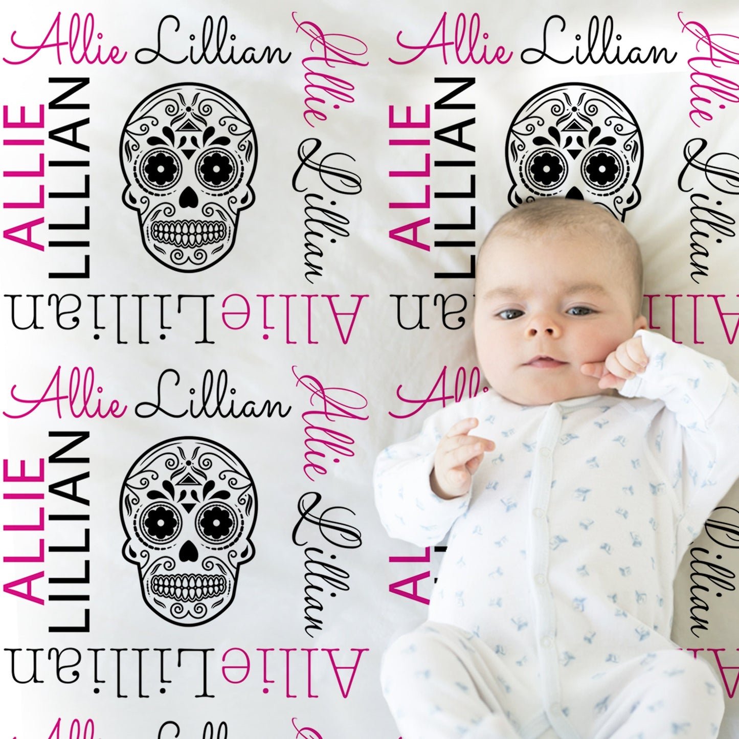 Personalized Sugar Skull Baby Name Blanket Girl