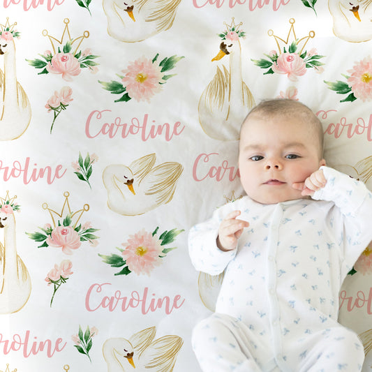 Personalized Swan Flowers Baby Name Blanket Girl