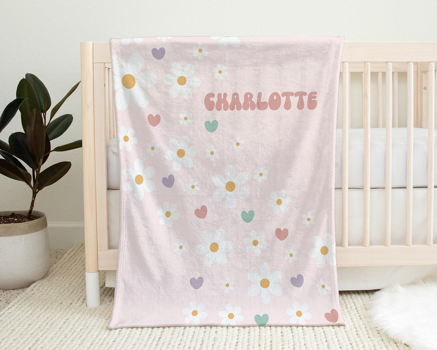Personalized Flowers and Hearts Groovy Baby Name Blanket Girl