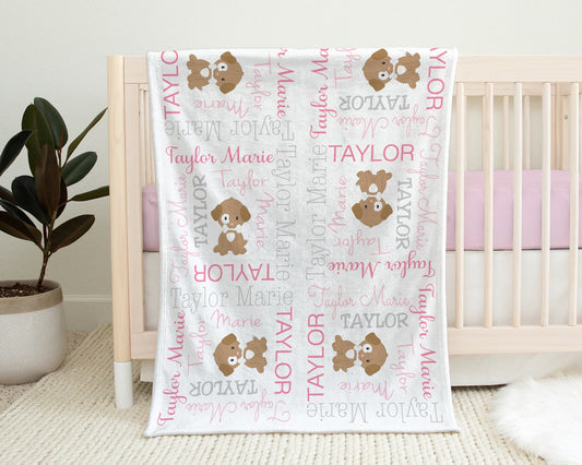Personalized Puppy Dog Baby Name Blanket Girl Pink
