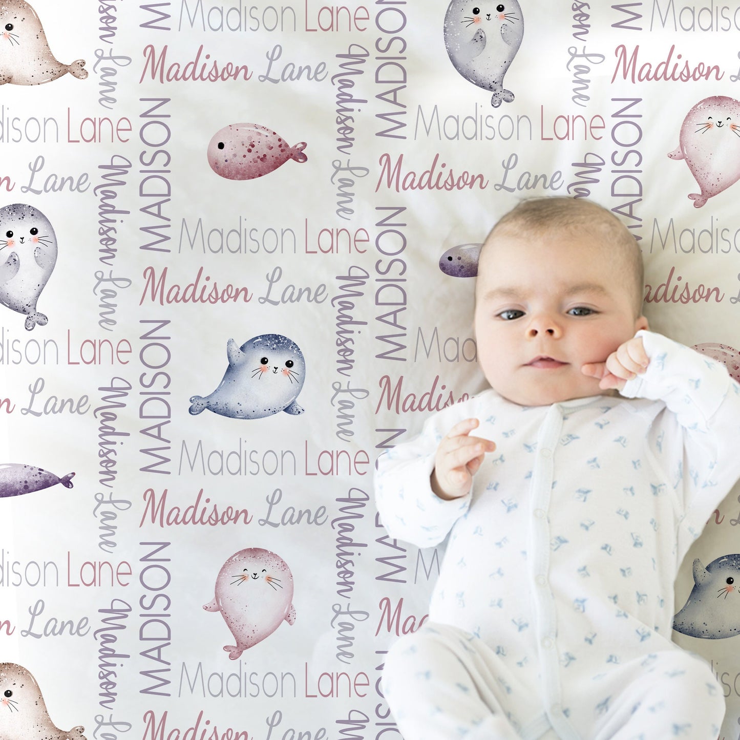 Personalized seal baby blanket, newborn seals blanket with name, pink ocean animal baby gift, beach seal swaddle (CHOOSE COLORS)