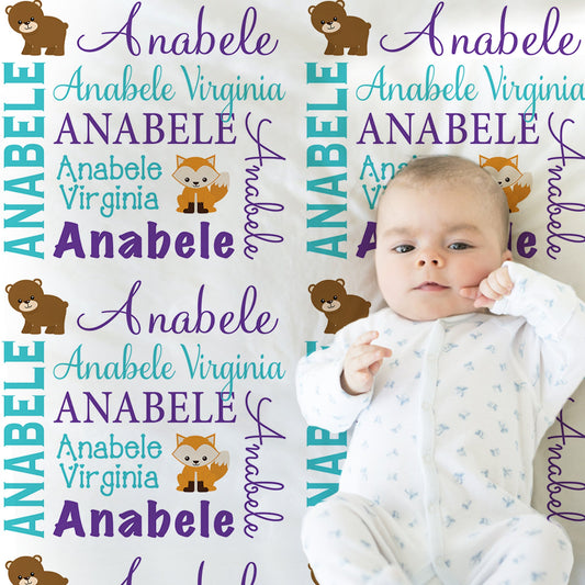Personalized Forest Animals Baby Name Blanket Girl