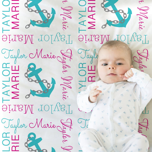 Personalized Baby Girl Anchor Baby Name Blanket