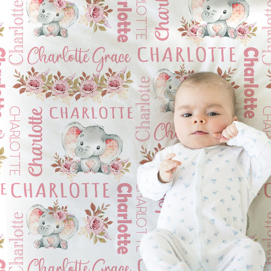 Personalized elephant Baby Name Blanket Girl