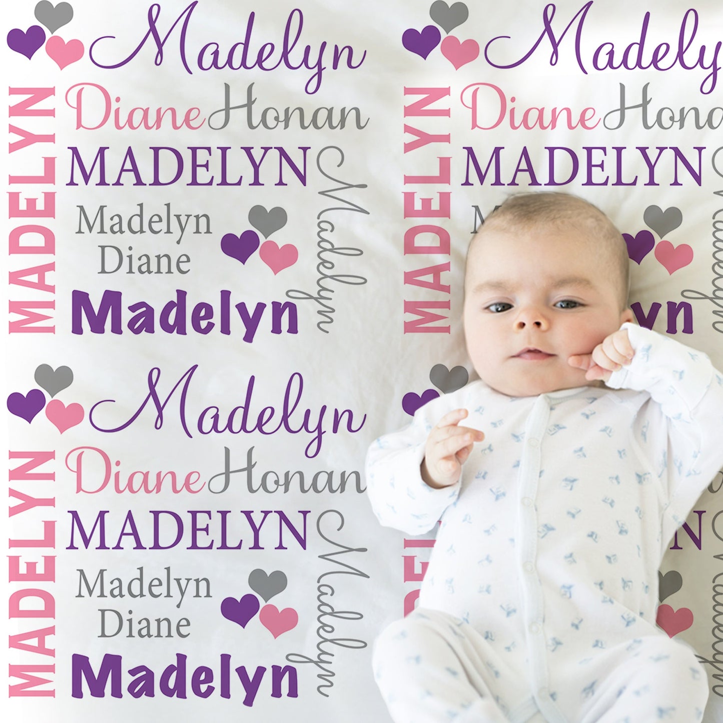 Personalized Hearts Baby Name Blanket Girl Pink and Purple