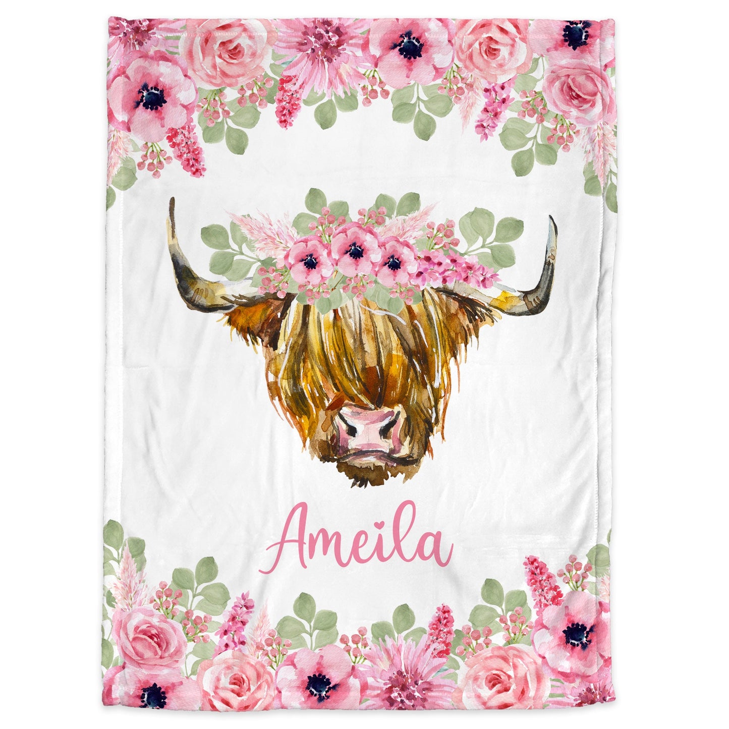 Highland cow baby girls blanket, personalized swaddle blanket with cows and flowers, newborn farm cow baby gift, farm animals name blanket