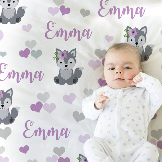 Personalized Wolf Baby Name Blanket Girl