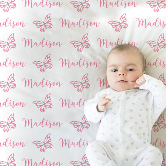 Personalized Pink Butterfly Baby Name Blanket Girl