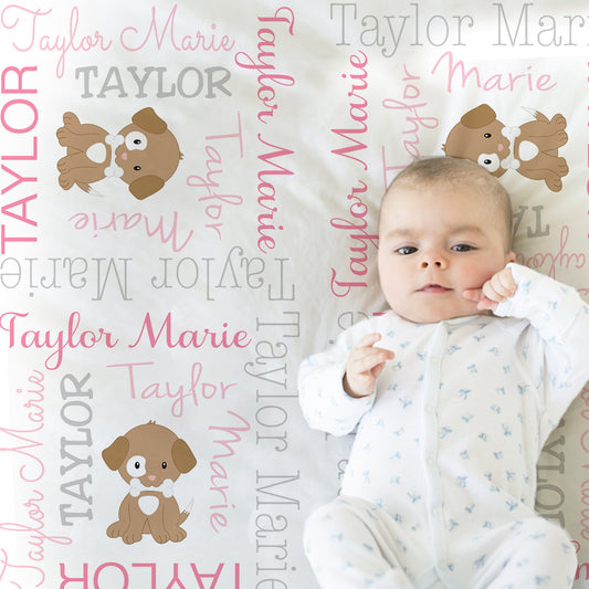Personalized Puppy Dog Baby Name Blanket Girl Pink