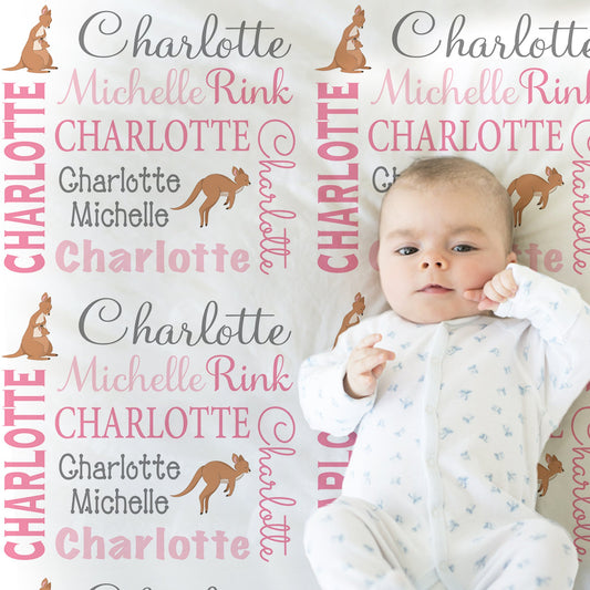 Personalized Kangaroo Baby Name Blanket Girl