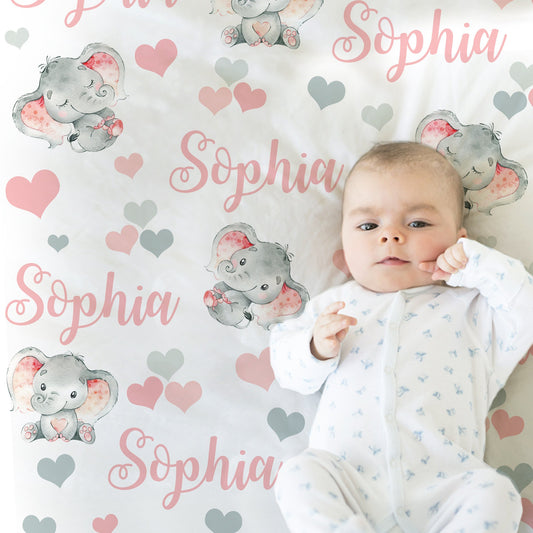 Personalized Elephant Baby Name Blanket Girl