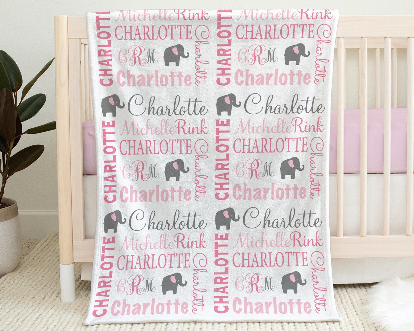 Monogram elephant baby girl blanket, personalized newborn elephant name blanket, elephants baby gift, girls elephant swaddle (CHOOSE COLOR)