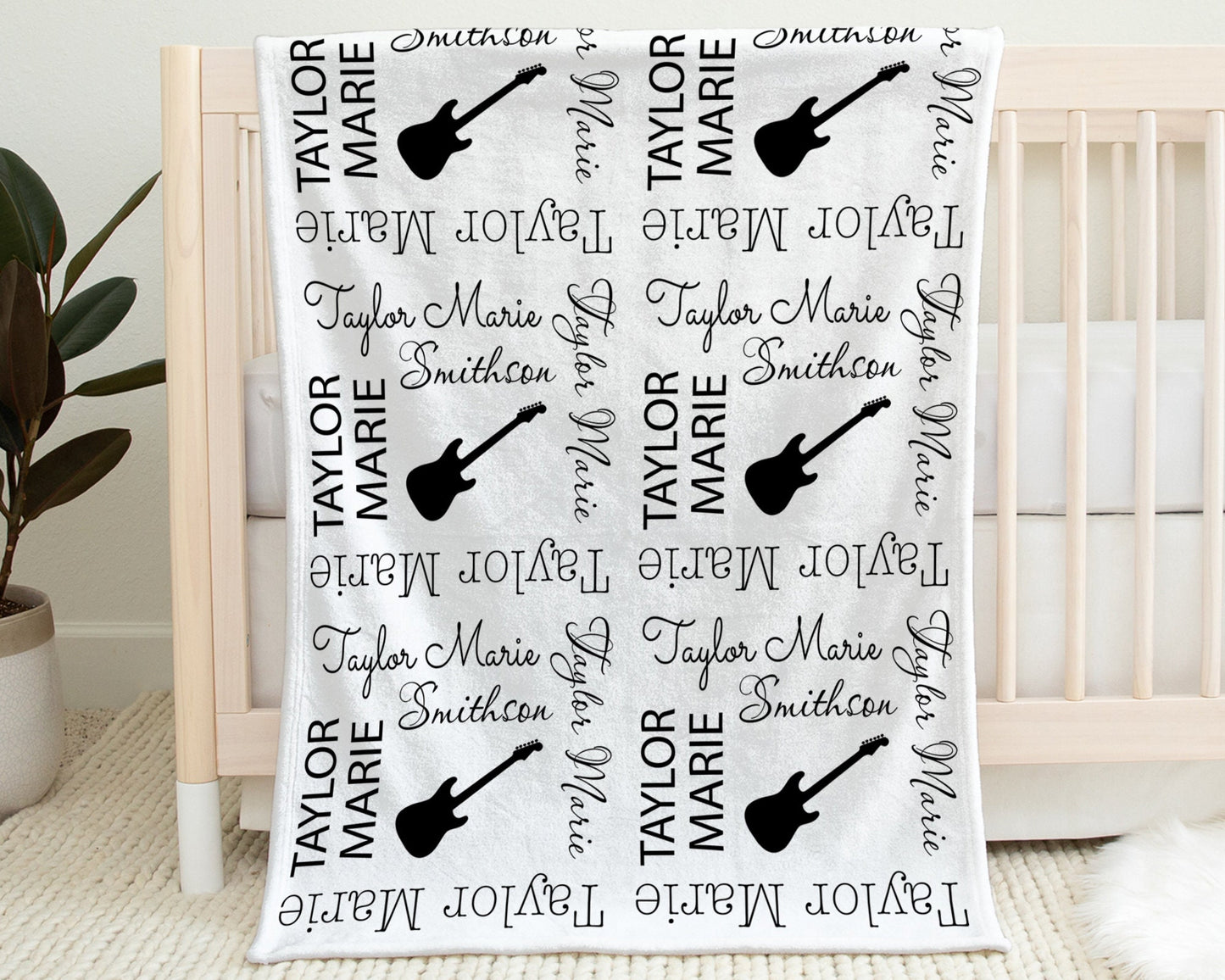 Electric guitar baby blanket, personalized guitar name blanket, boy or girl newborn music baby gift, swaddle blanket with black guitars