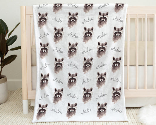 Personalized Raccoon baby name blanket