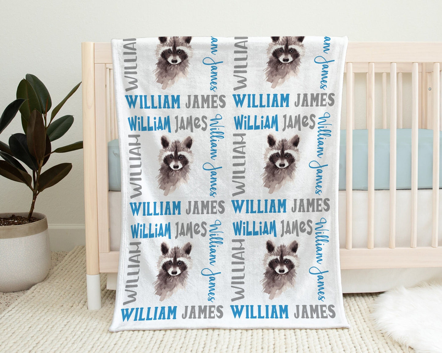 Personalized Raccoon baby name blanket