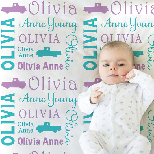 Personalized Vintage Truck Baby Name Blanket Girl