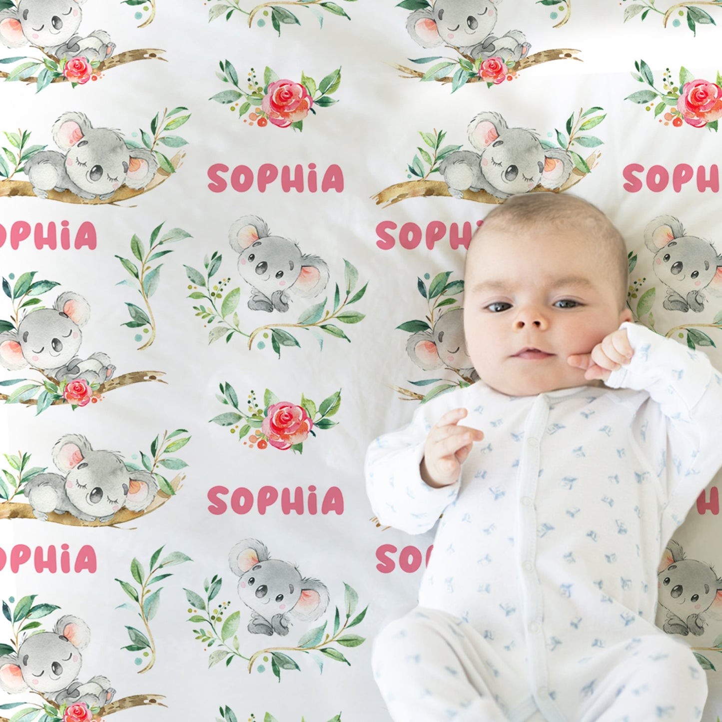 Baby girl koala name blanket, pink animal swaddle blanket, personalized koala baby gift, custom koala plants name blanket, koala baby gift