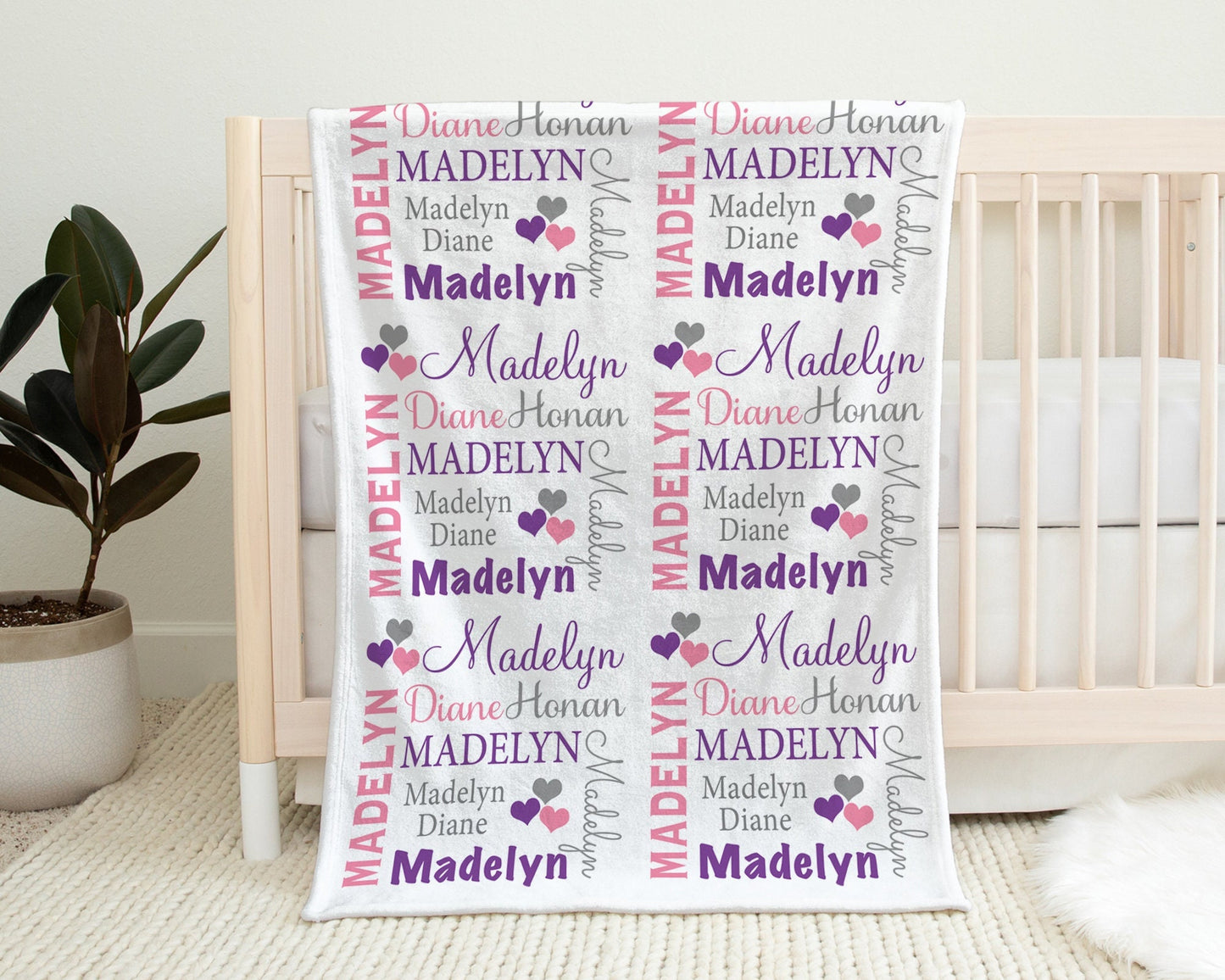 Personalized Hearts Baby Name Blanket Girl Pink and Purple