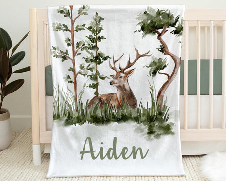 Personalized elk baby blanket, newborn deer swaddle blanket with name, deer, trees, nature blanket boys wilderness baby gift (CHOOSE COLORS)