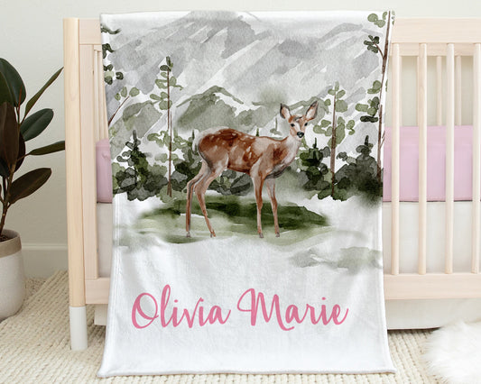Personalized Forest Deer Baby Name Blanket Girl