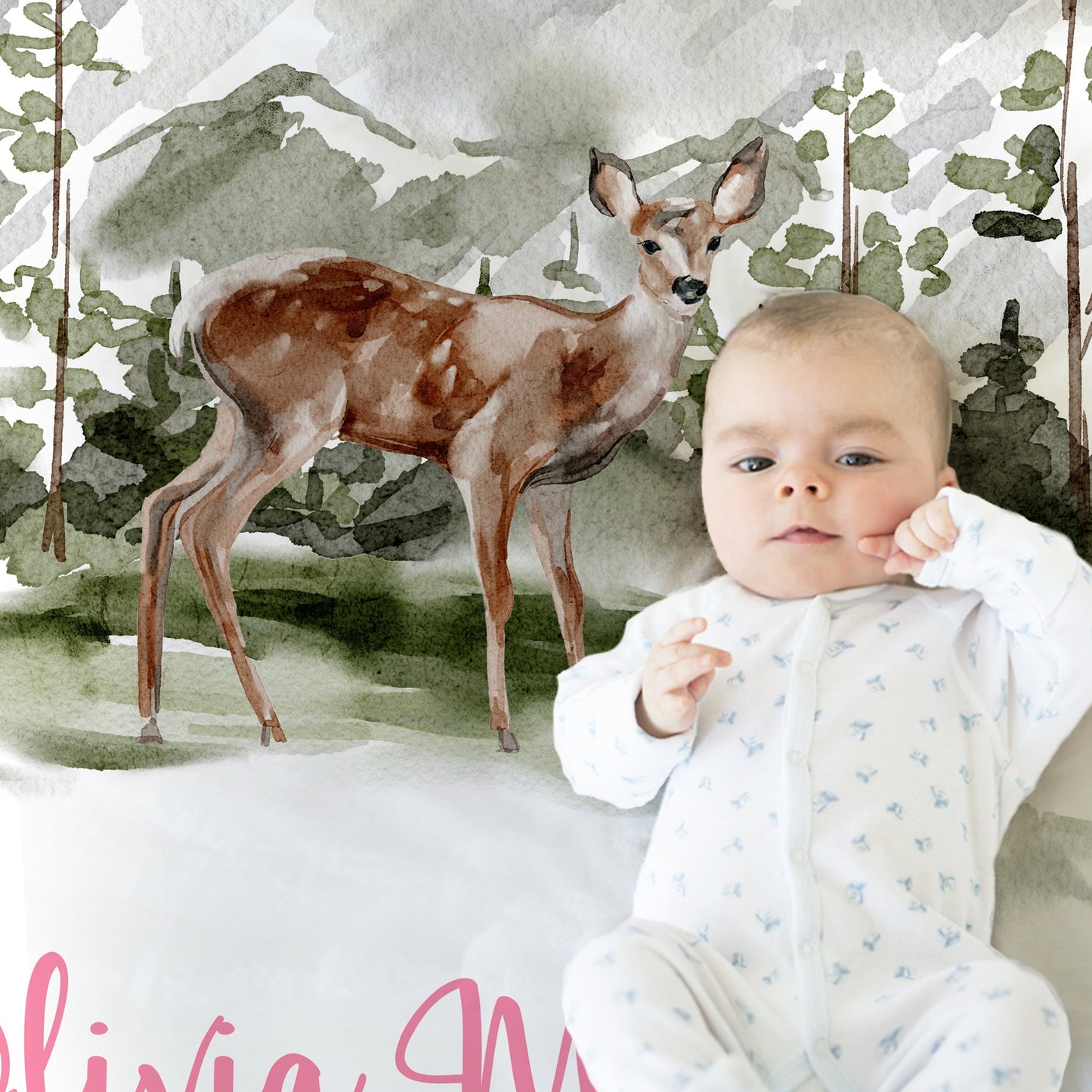 Personalized Forest Deer Baby Name Blanket Girl