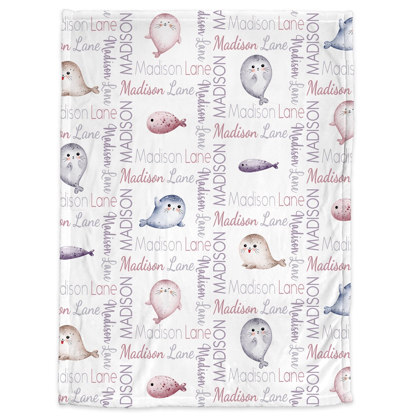 Personalized seal baby blanket, newborn seals blanket with name, pink ocean animal baby gift, beach seal swaddle (CHOOSE COLORS)