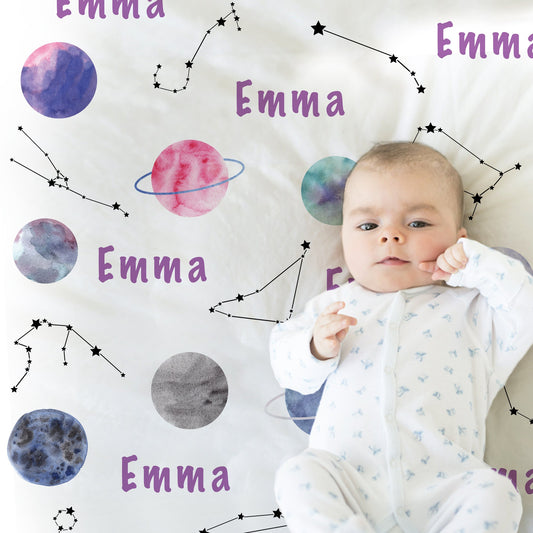 Personalized Outer Space Planets Baby Name Blanket Girl