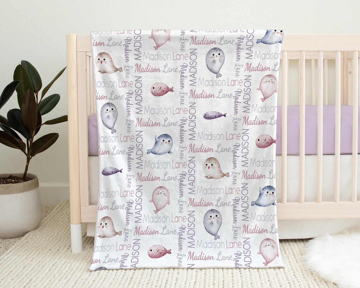Personalized seal baby blanket, newborn seals blanket with name, pink ocean animal baby gift, beach seal swaddle (CHOOSE COLORS)